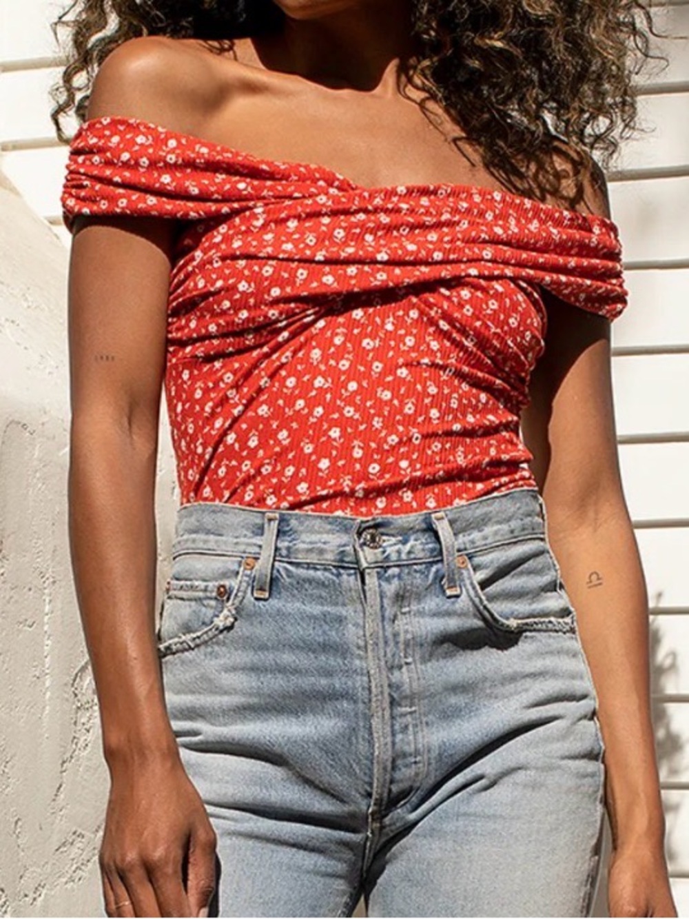 Lulu's Red Off-Shoulder Floral Ribbed bodysuit